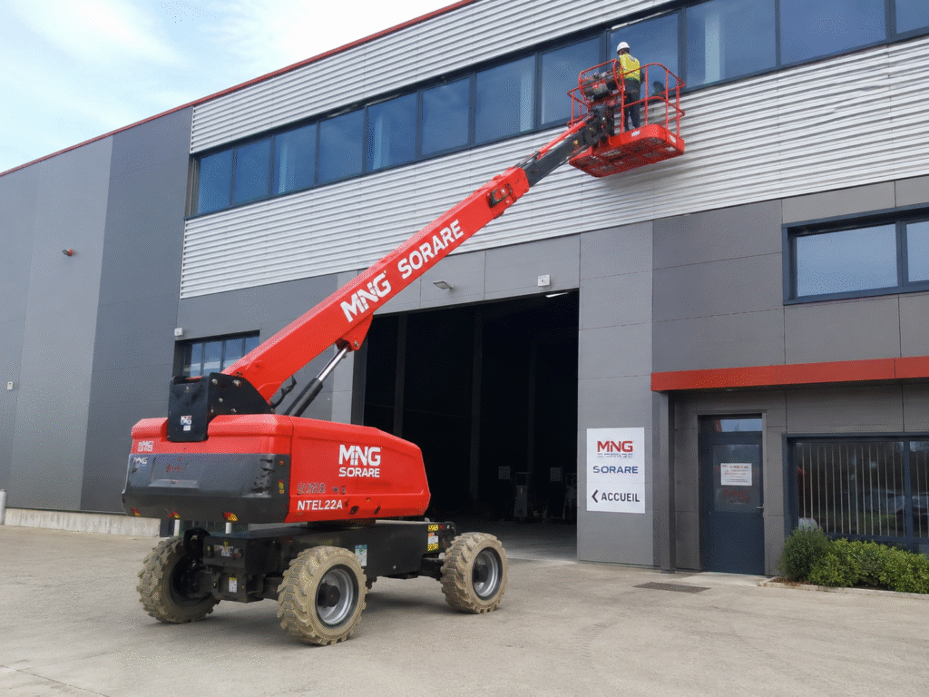 Nacelle télescopique MNG SORARE devant le siège de l'entreprise